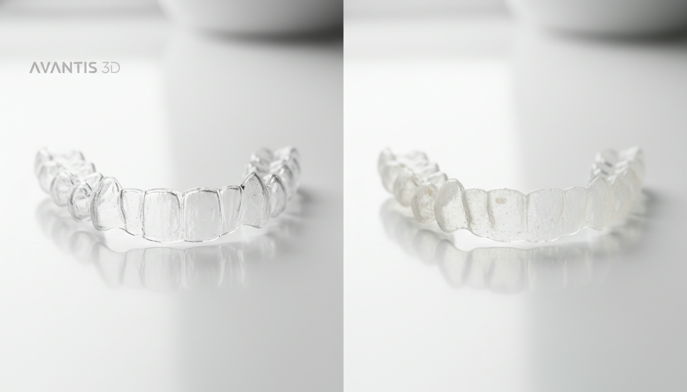 Фотореалистичное сравнение двух наборов элайнеров: слева - идеально прозрачные и ровные элайнеры от Avantis 3D, справа - менее прозрачные с видимыми неровностями клинические элайнеры, студийный свет