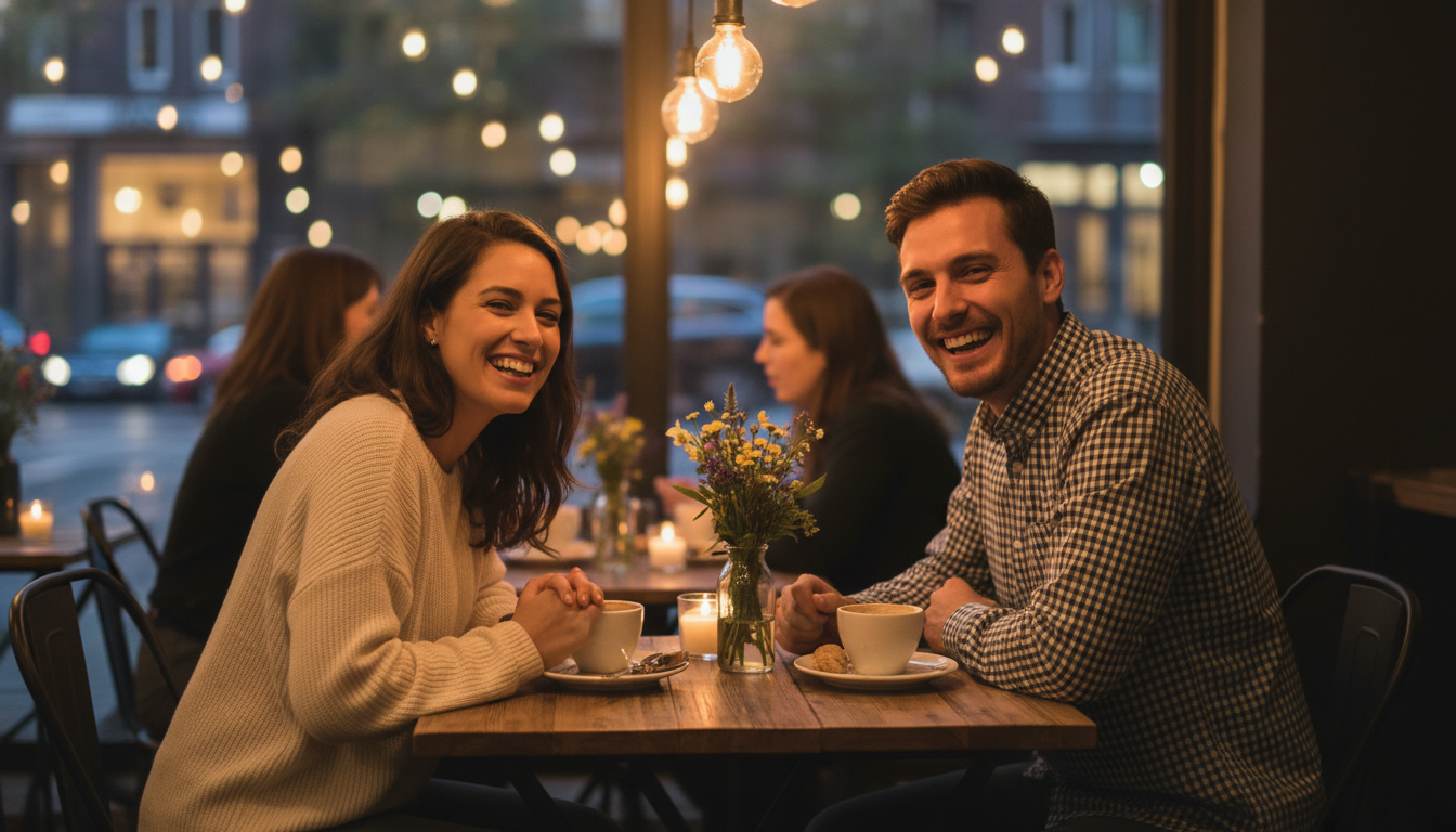 Счастливая пара на свидании в кафе, оба широко улыбаются, теплая атмосфера, вечернее освещение