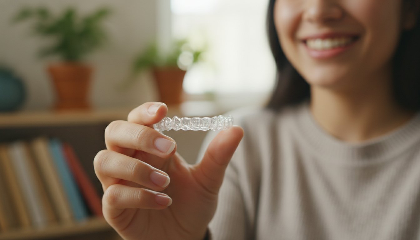 Крупный план руки, держащей прозрачный элайнер OrtoWay на фоне улыбающегося человека в повседневной обстановке, мягкое естественное освещение