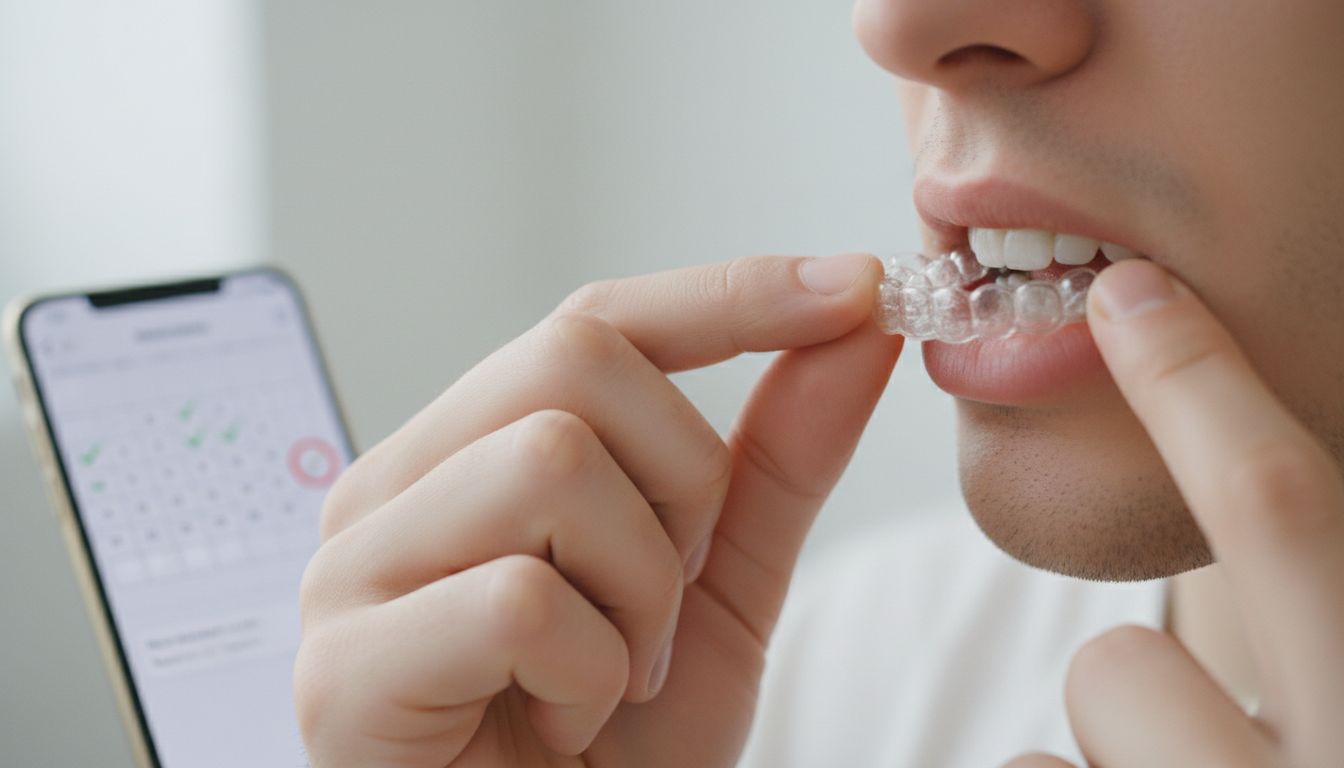 Крупный план руки молодого человека, меняющего прозрачный элайнер на зубах, на заднем плане открыто приложение с календарем ношения и уведомлениями