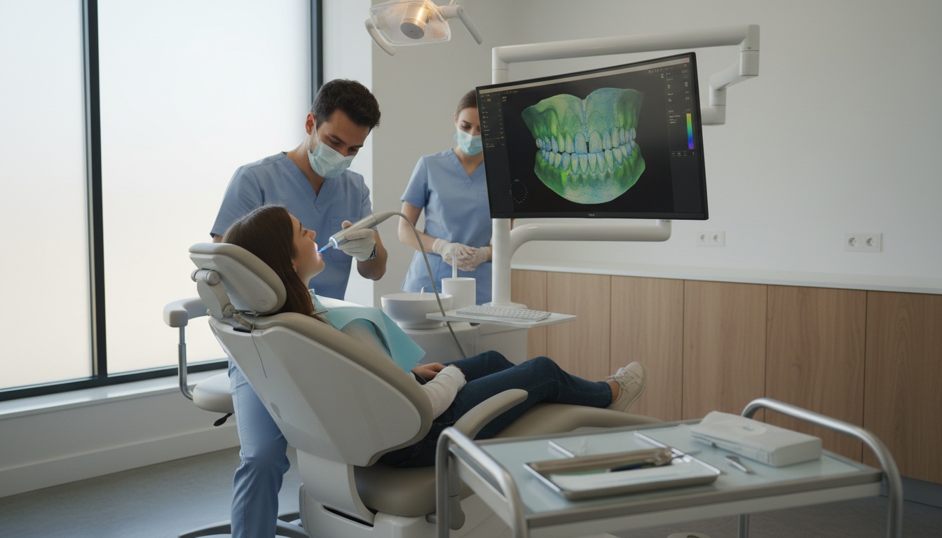 Фотореалистичное изображение современного стоматологического кабинета, где пациент проходит 3D-сканирование зубов, врач работает с планшетом, показывая цифровую модель улыбки