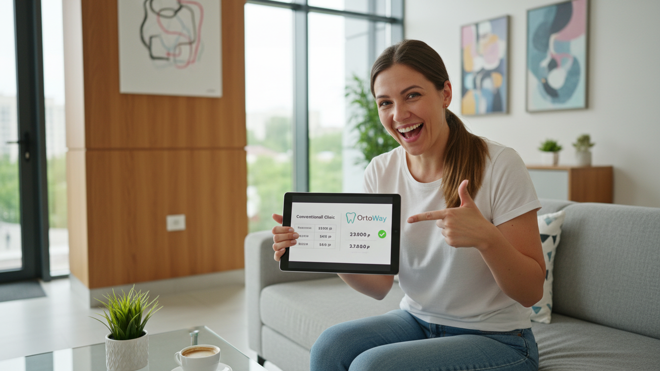 Крупный план прозрачных элайнеров Avantis 3D на фоне калькулятора стоимости, показывающего реальные цифры экономии