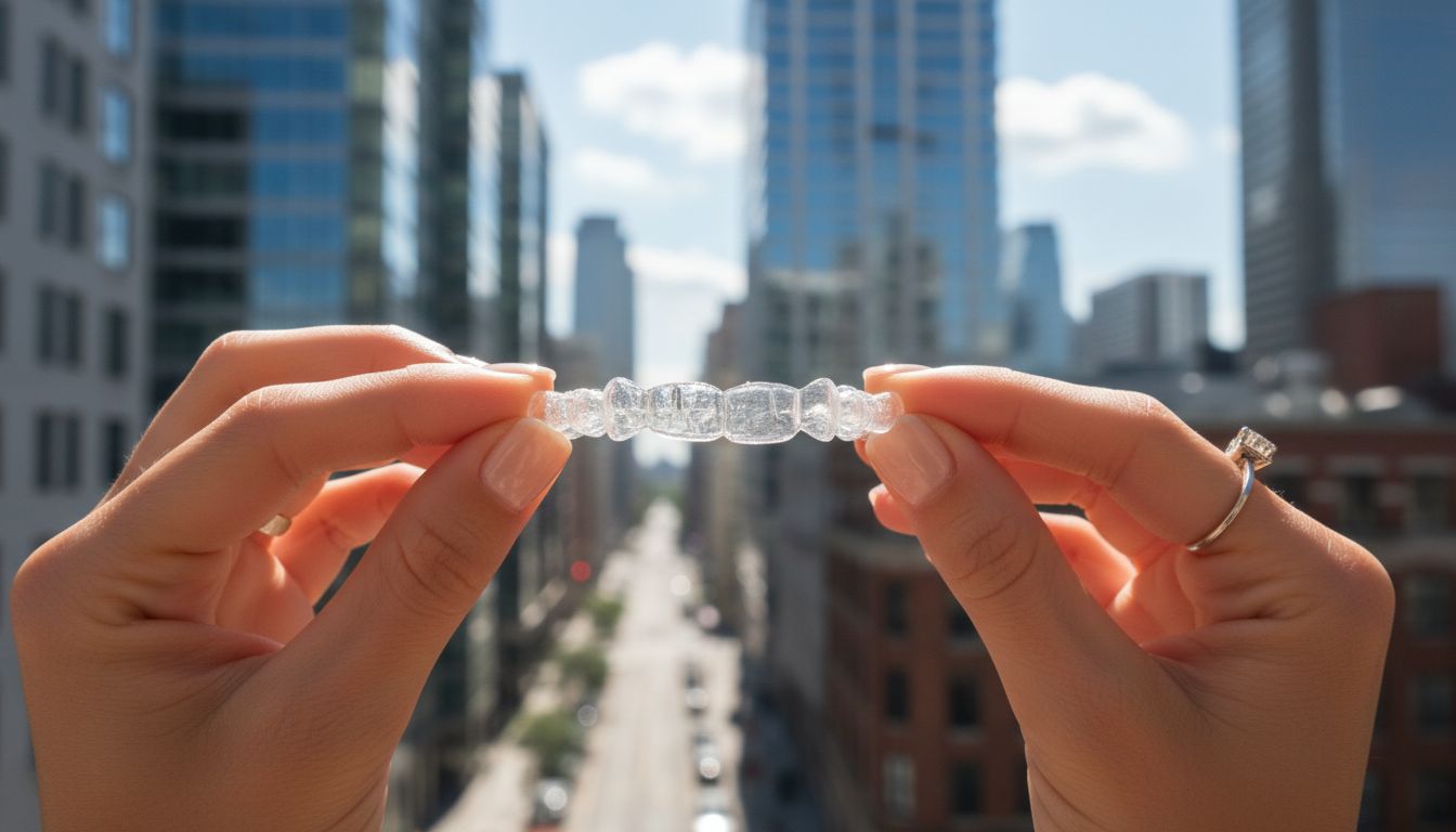 Крупный план женских рук, держащих прозрачный элайнер на фоне городского пейзажа, солнечный день, контрастный фон