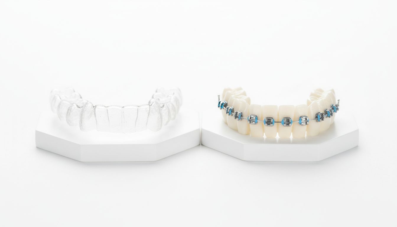 Сравнительное фото элайнера и традиционных брекетов на белом фоне, студийное освещение, профессиональная композиция