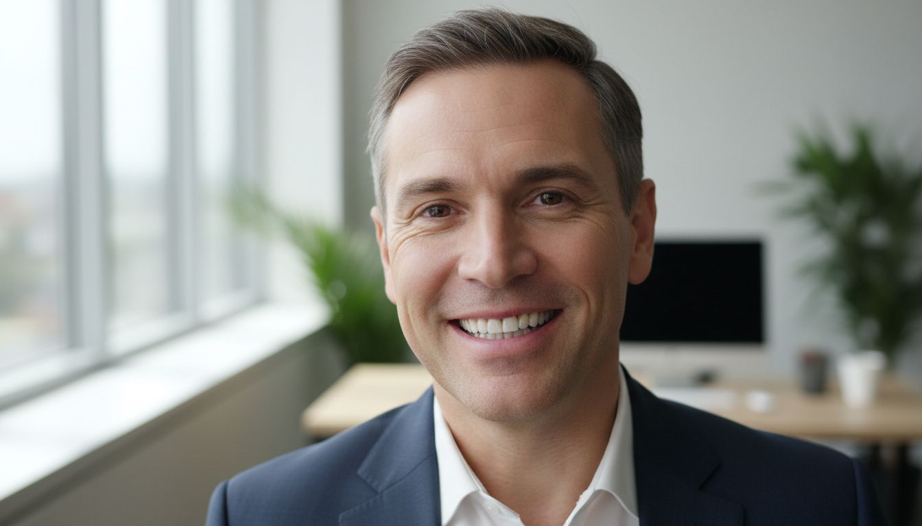 Фотореалистичный крупный план улыбающегося мужчины 40-45 лет в деловом костюме, демонстрирующего прозрачные элайнеры на зубах, естественное освещение в офисе