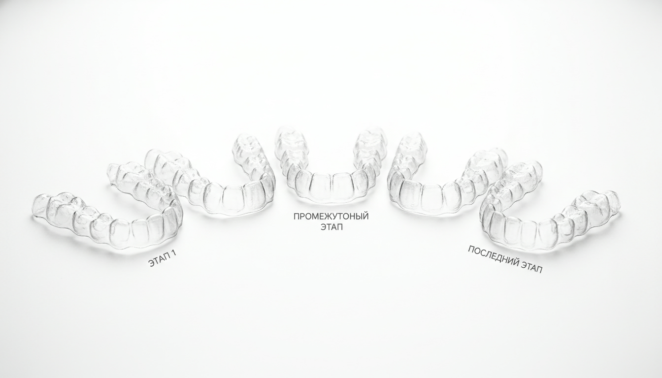 Фотореалистичное изображение последовательности прозрачных элайнеров на белом фоне, показывающее этапы лечения от первой до последней каппы
