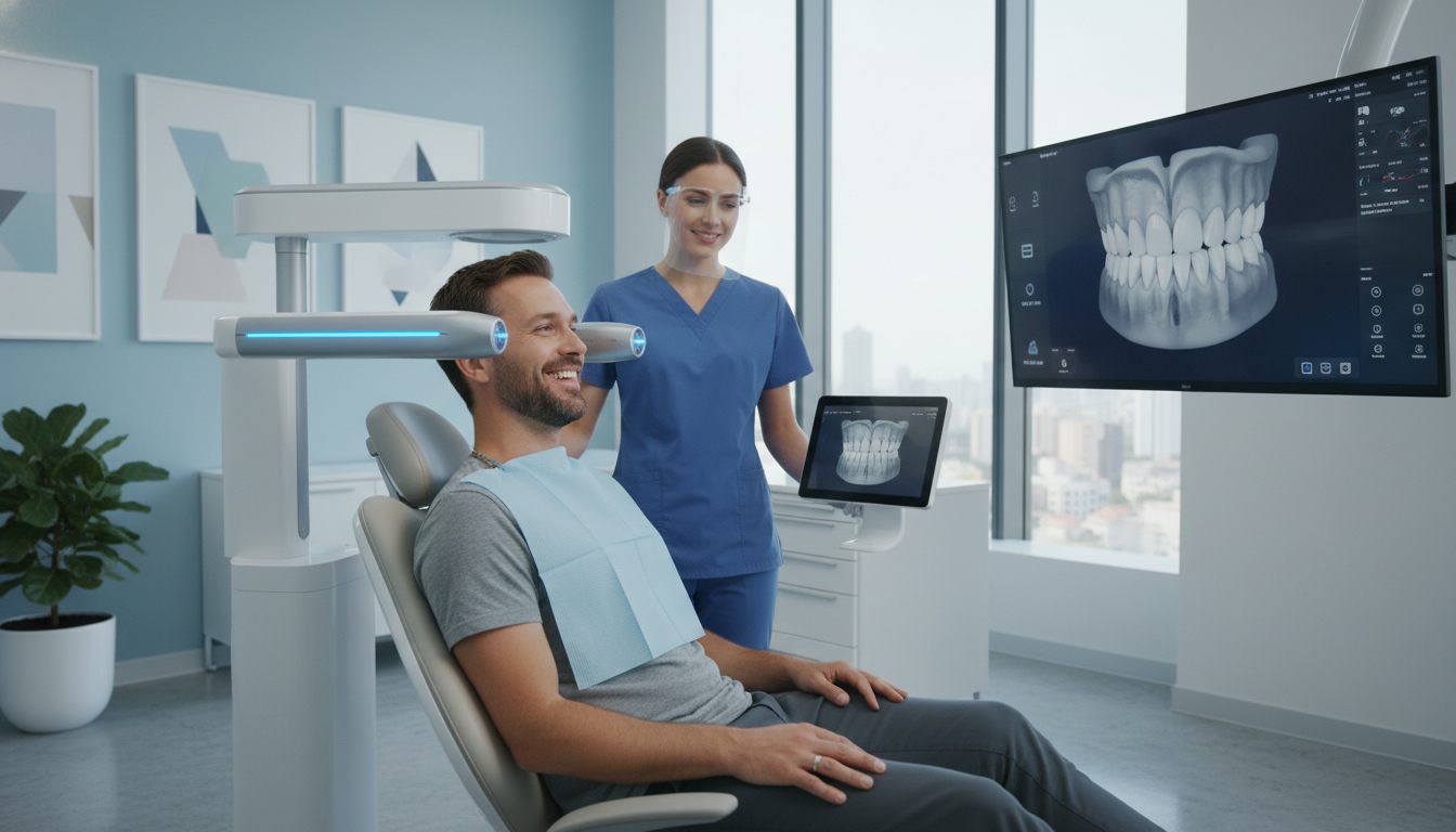 Довольный пациент 30-35 лет проходит 3D-сканирование зубов в современной стоматологической клинике