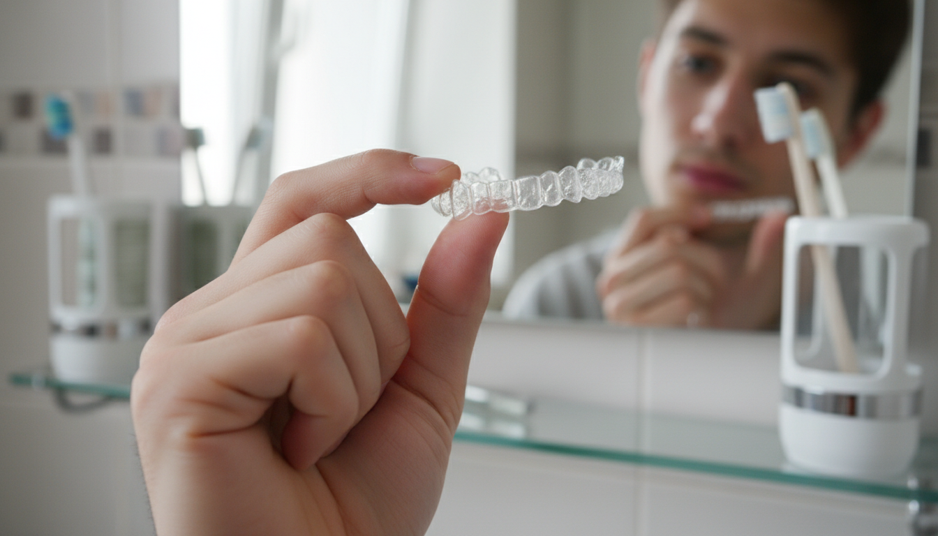 Крупный план руки молодого человека, держащего прозрачный элайнер перед зеркалом в ванной комнате