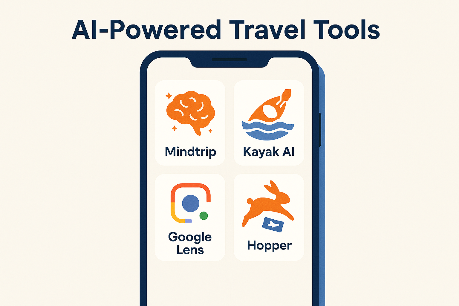 Illustration of AI travel tools with smartphone, train ticket, and cartoon bear pointing at screen.