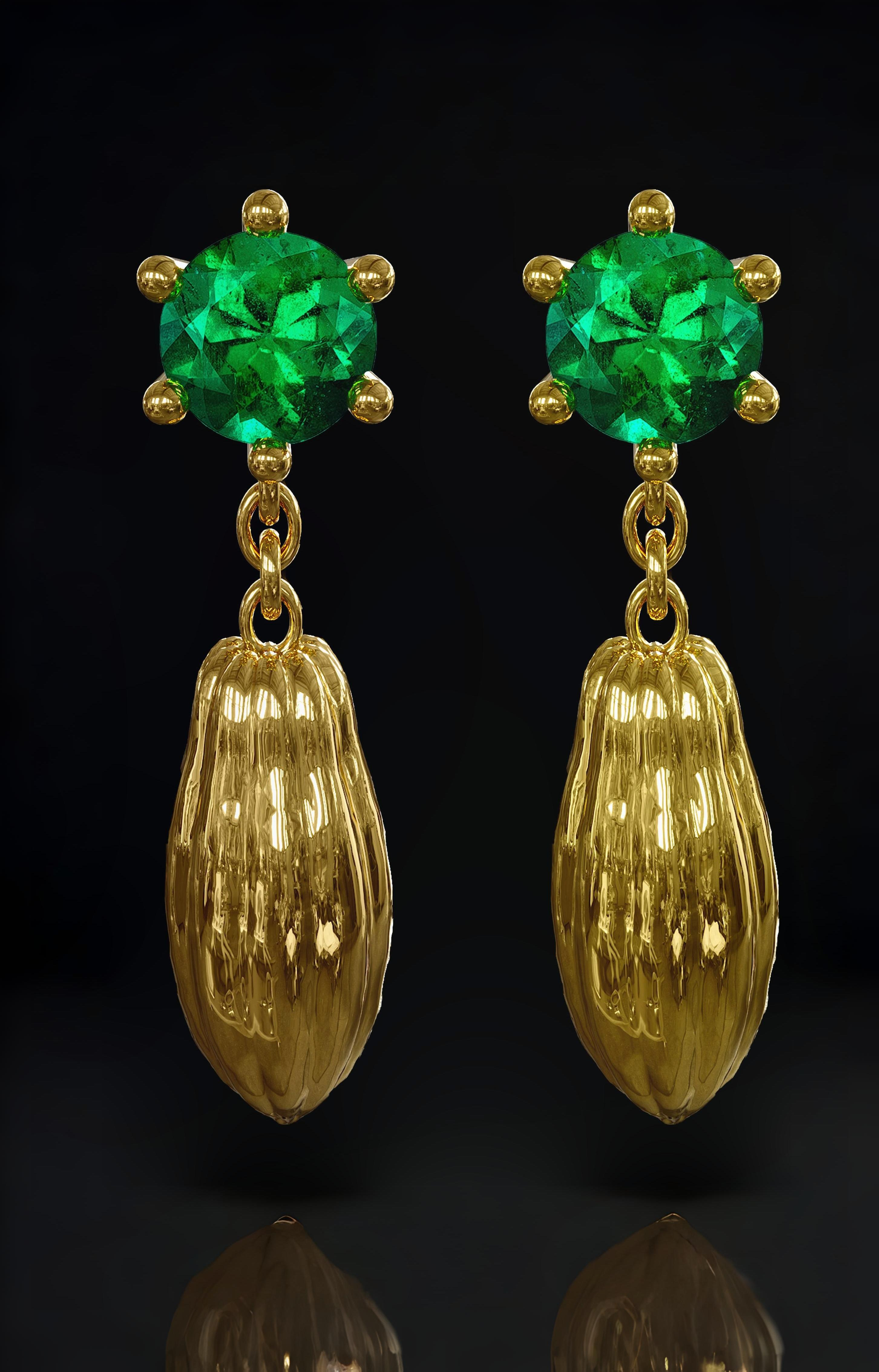 aretes cacao con esmeraldas en oro