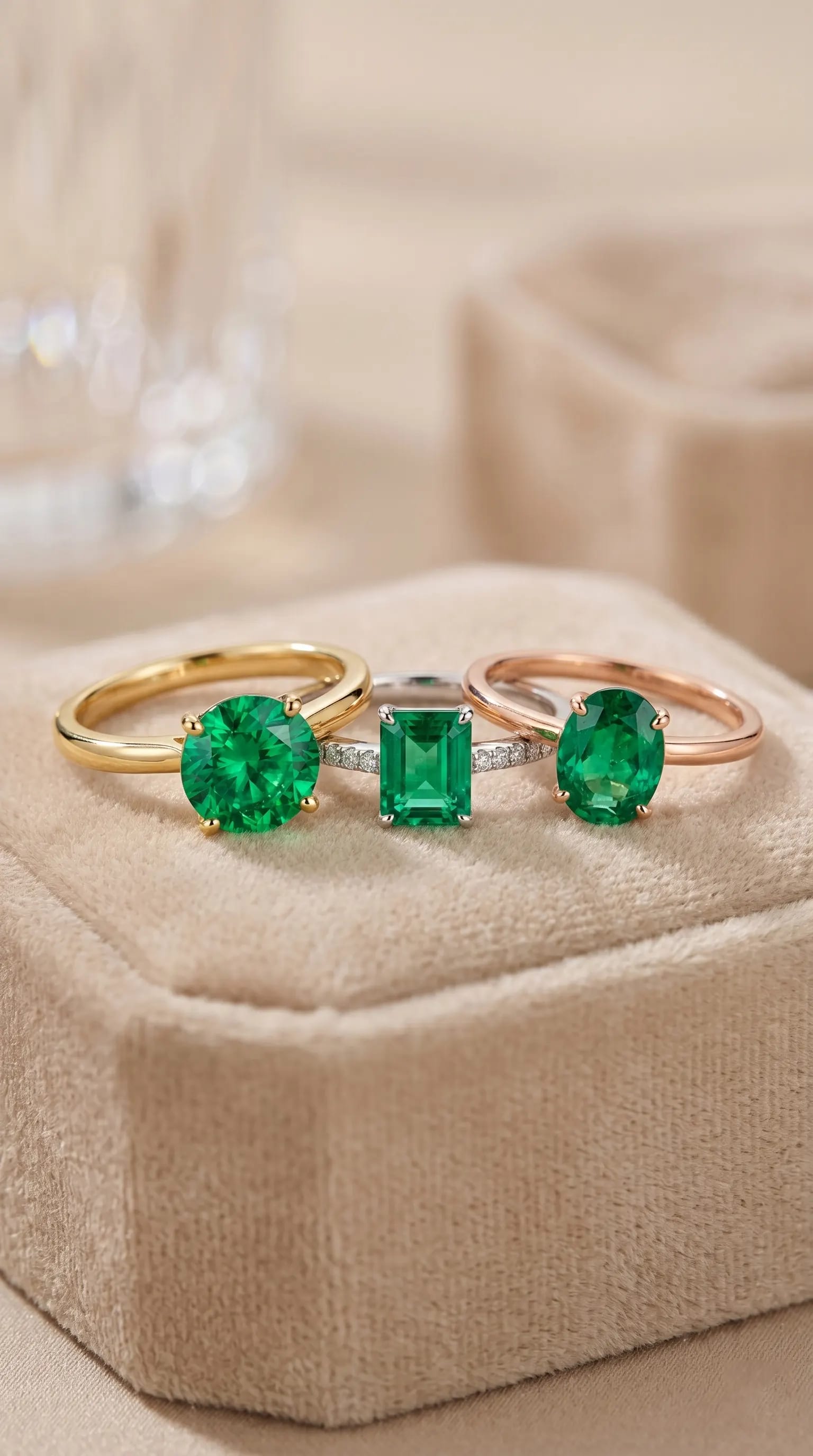 Colección de anillos con esmeraldas engastados en oro amarillo, oro blanco y oro rosa sobre fondo elegante.