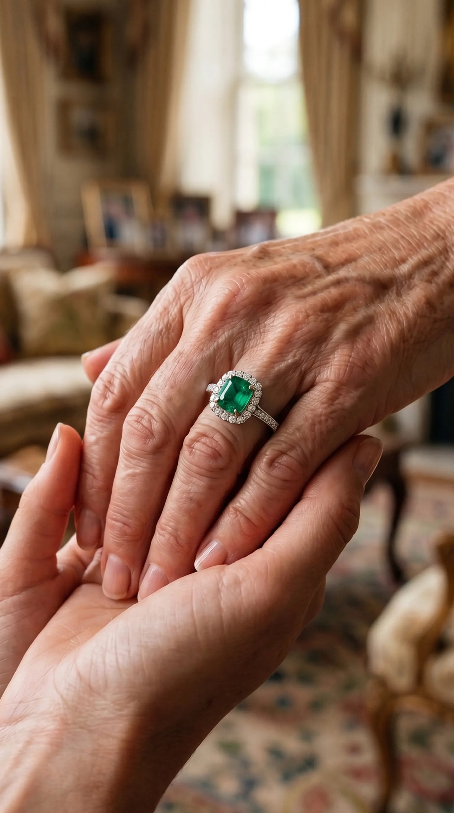 Íntimo primer plano de manos de madre e hijo/a, mostrando un anillo de esmeralda como legado de amor para el Día de la Madre.
