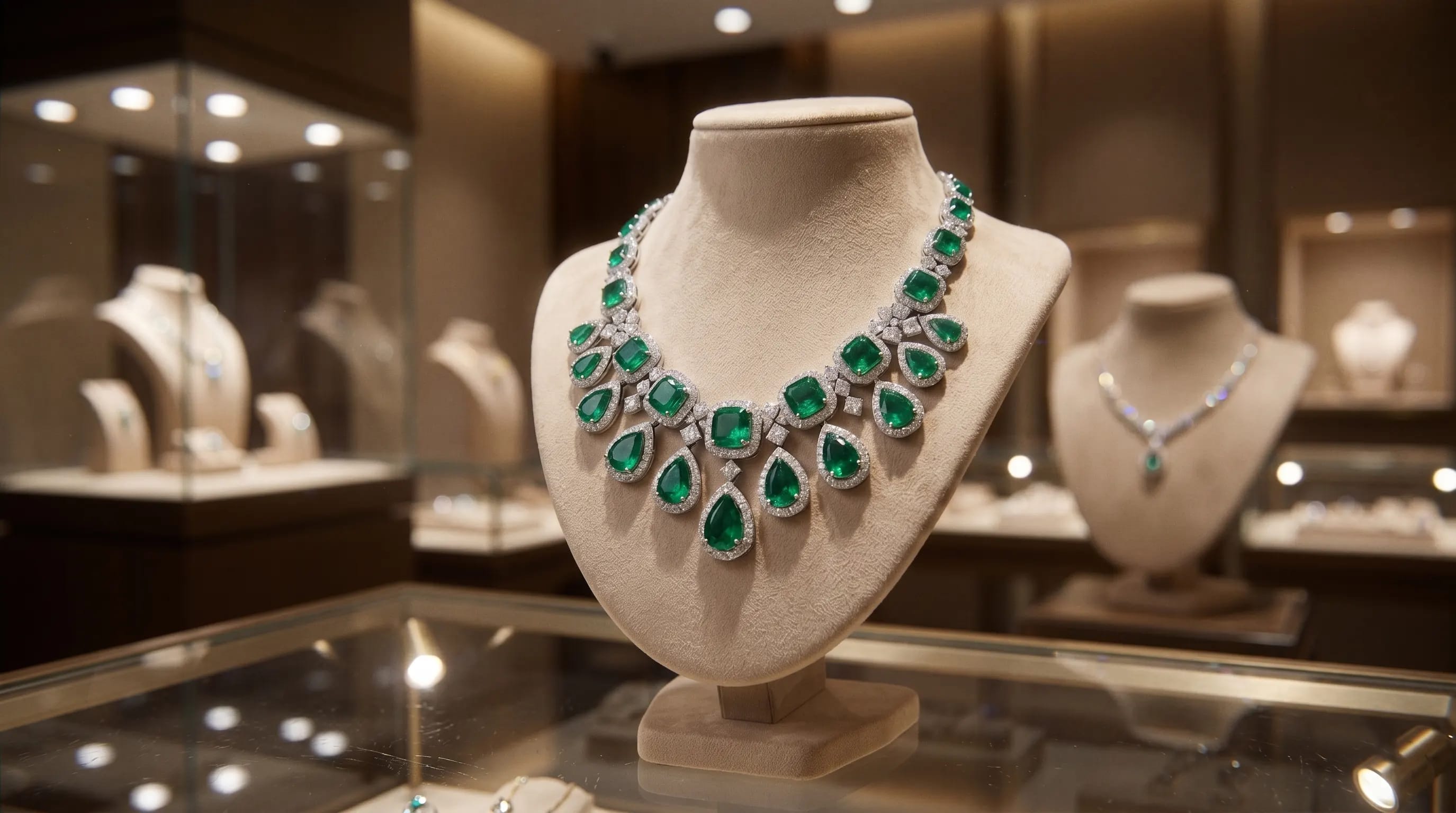 Exhibición exclusiva de collares con esmeraldas en nuestra boutique de alta joyería.