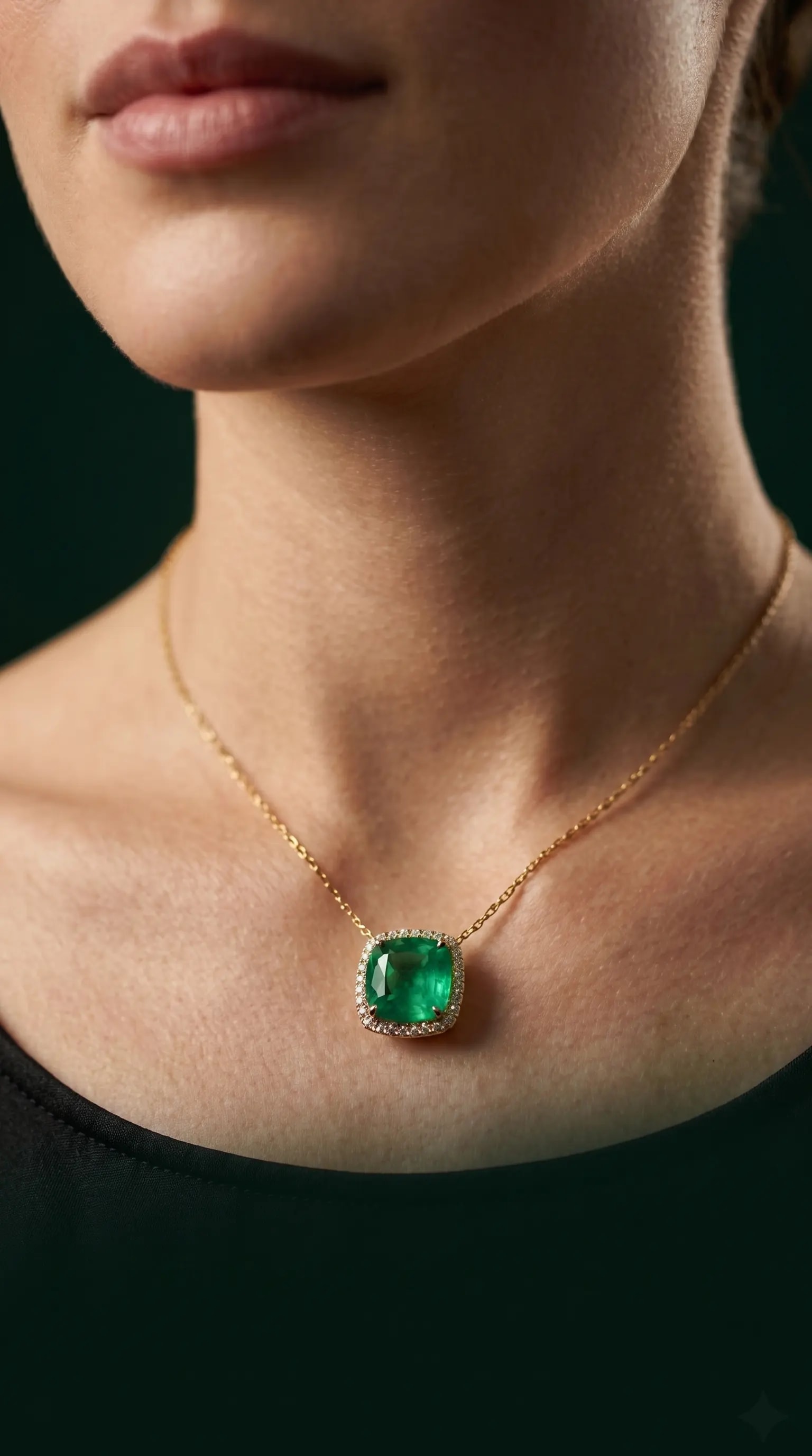 Mujer elegante luciendo un delicado collar de esmeralda, símbolo de sabiduría y la vitalidad de la primavera.