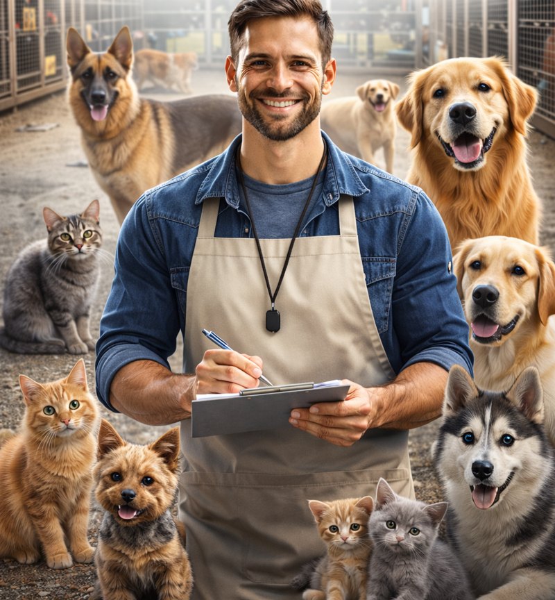 Illustration of an animal breeder with dogs and cats