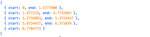 A terminal showing an array of 5 objects, each with a start and end except the last which only has a start.