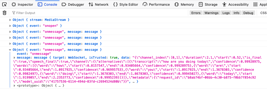 The browser console shows four onmessage events. The last one is expanded and shows a JSON object, including a data object. The data object contains the words 