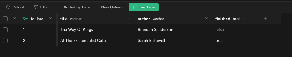 Added two rows of data with the respective titles and authors of books. One with 'finished' set to true and the other to false.