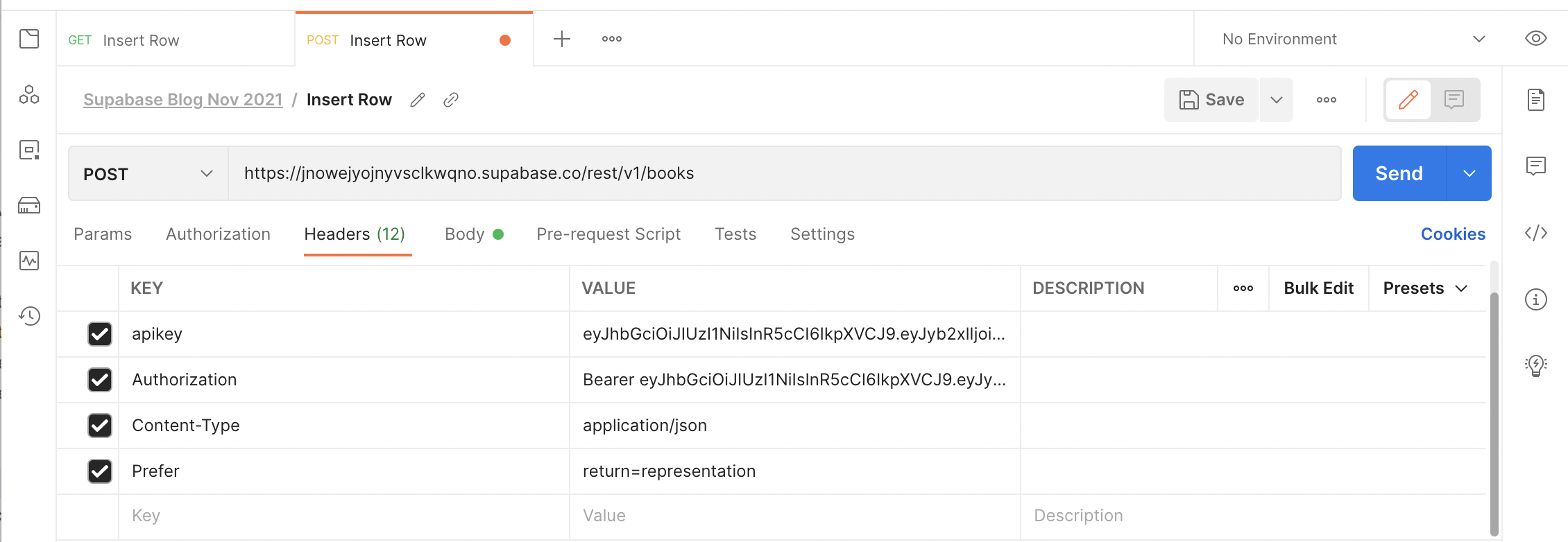 Postman POST request with just base URL and apikey, Authorization, Content-Type, and Prefer headings set as per the API documentation on Supabase