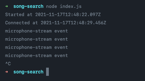 A terminal showing the server starting, a client connecting, and then 4 microphone stream event logs.