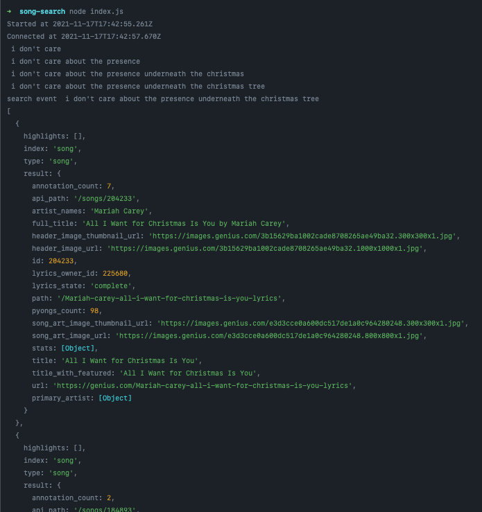 A terminal showing an array with several items. Each item contains metadata for one song.