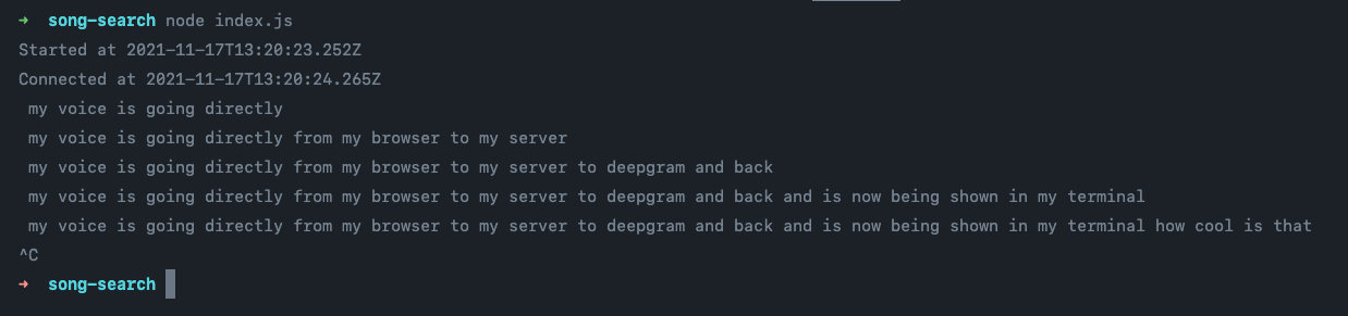 A terminal showing give phrases with words spoken, with each adding words on to the last and getting longer.