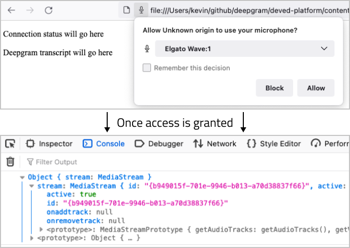 The first half of the image shows the browser asking for access to the mic. An arrow with the phrase 