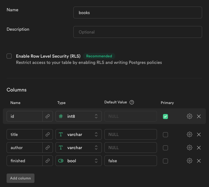 Add new table with the name 'books', leave Row Level Security unchecked, and add title column with type varchar, add author column with type varchar, and add finished column with type bool.