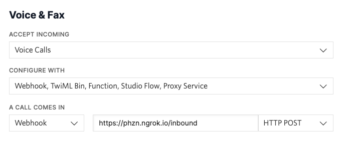 Accept incoming Voice Calls, configure with Webhook, a call comes in webhook to ngrok url /inbound
