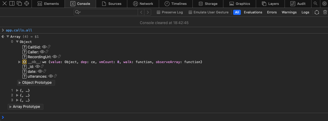 Browser console showing app.calls.all as an array containing four objects