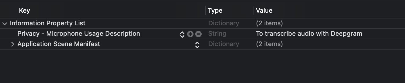 Plist file with the microphone usage description