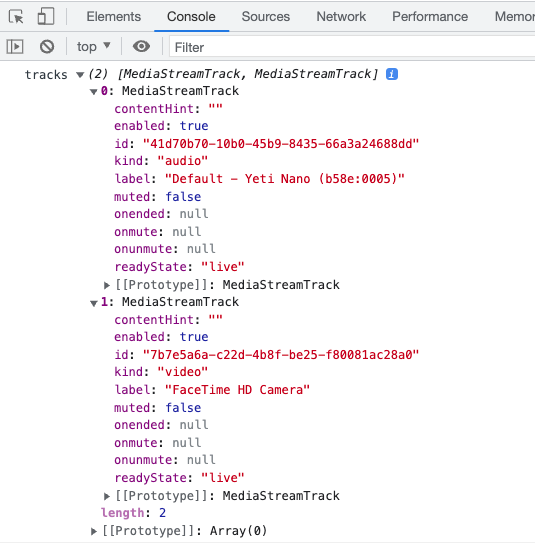 Console showing the results of the stream.getTracks() call