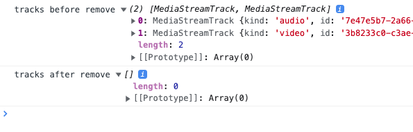 browser devtools console showing the MediaStream object before and after the removeTrack has been called