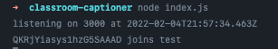 Terminal displays a log of a user joining the specified room name - here 