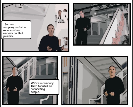 A comic book with four panes. In each pane is Mark Zuckerberg. In the first and third is a speech box with text.