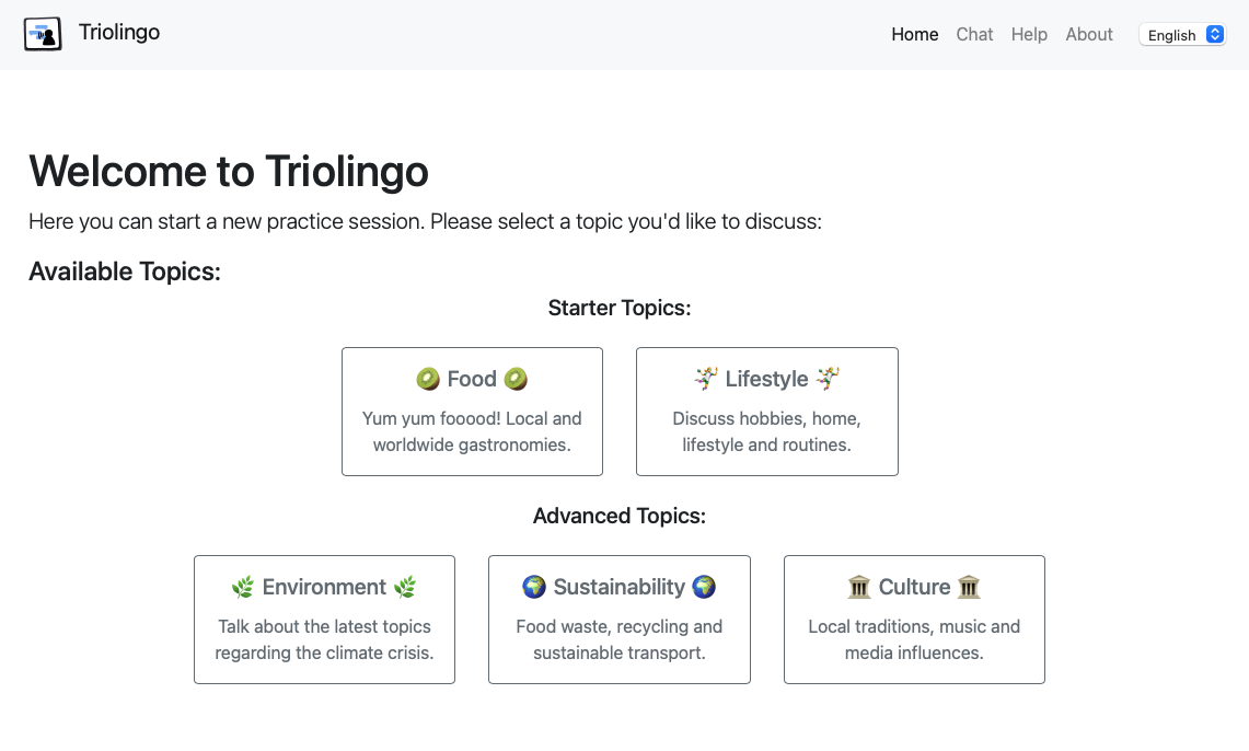 The webpage shows two starter topics - food and lifestyle, and three advanced topics - environment, sustainability, and culture. Selecting a topic begins a conversation.