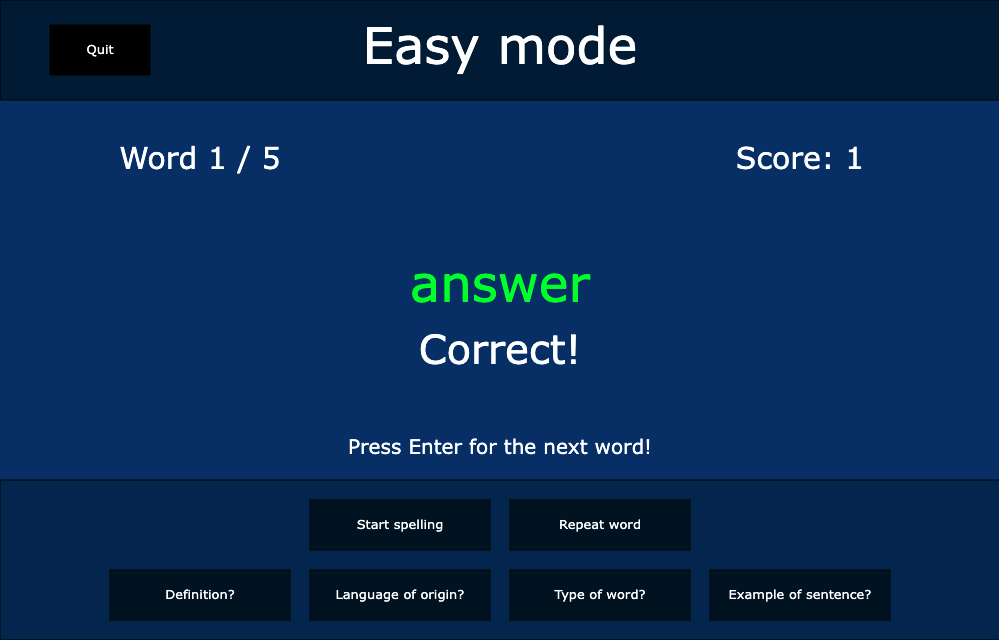 Easy mode. Word 1 of 5 with a score of 1. The word 'answer' is in green and displayed as correct. Several buttons read start spelling, repeat word, definition, language of origin, type of word, and example of sentence.