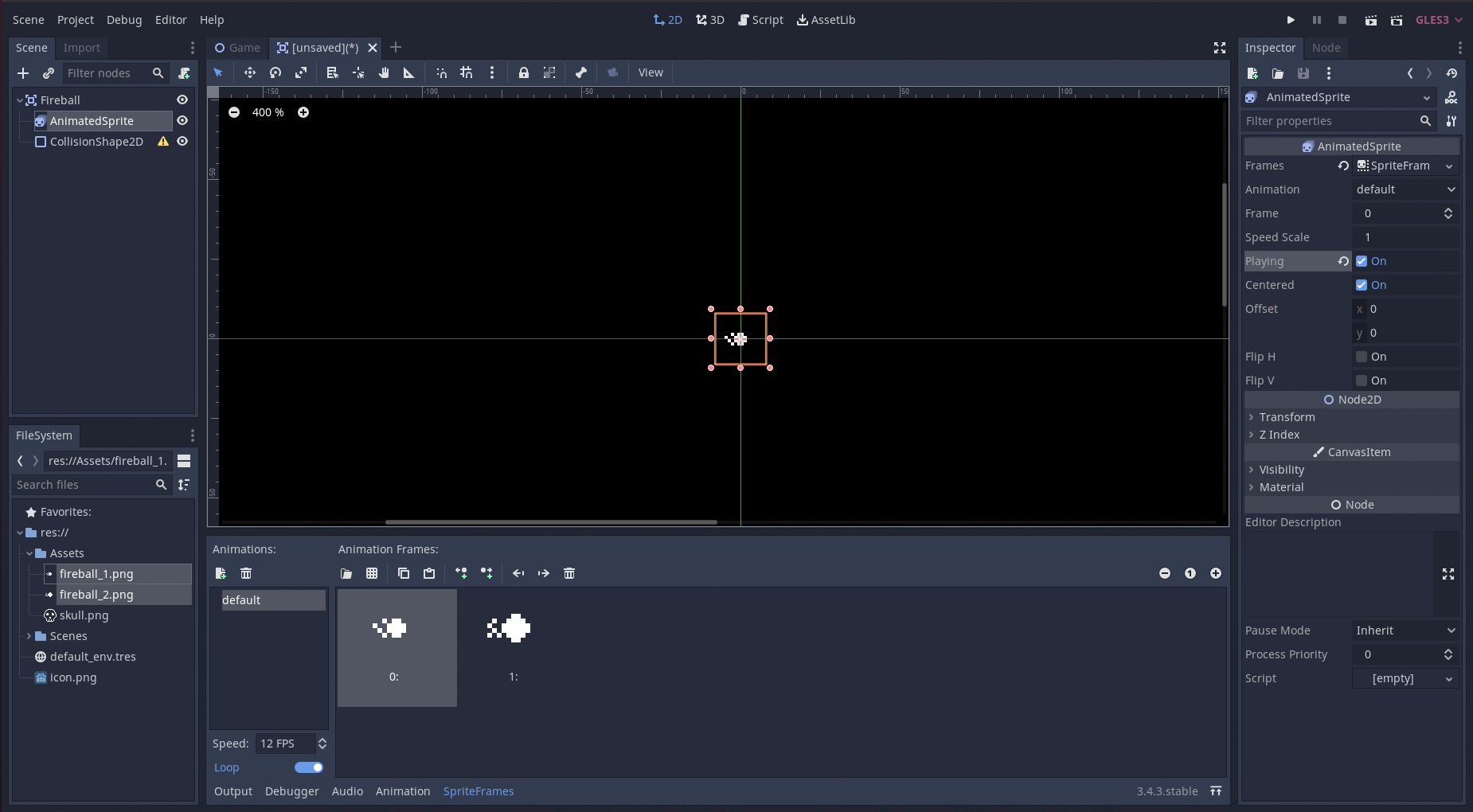 The fireball animation in the editor