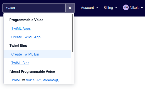 Navigate to your TwiML Bins