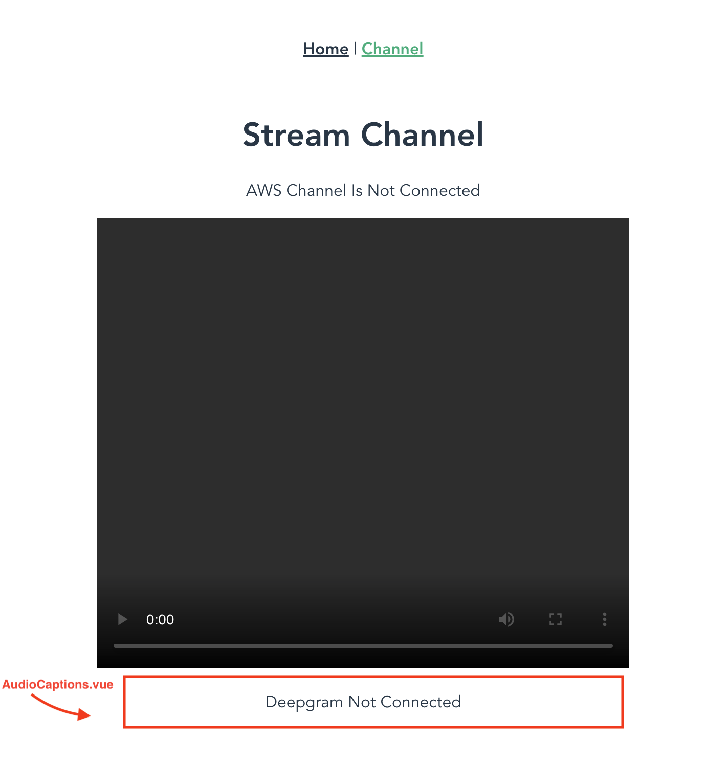 StreamChannel page emphasizing AudioCaptions.vue component