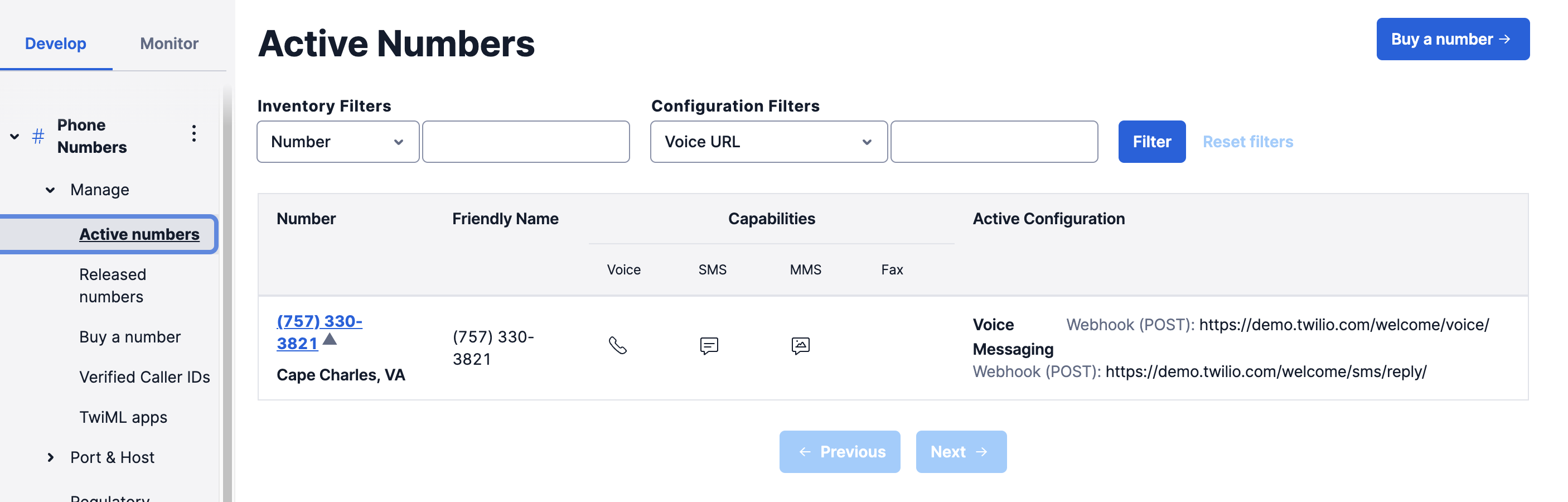 manage Twilio phone number