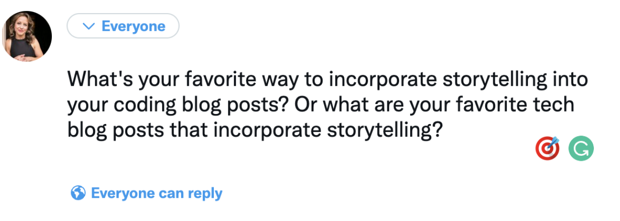 image of tweet asking about storytelling in writing