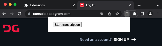 The extension icon is clicked, and a small white popup shows one button reading 'start transcription'