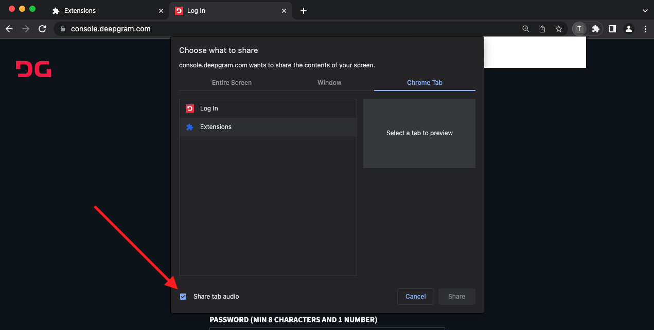 A popup shows a screen scaring dialog. A chrome tab is selected, and a big red arrow is pointing to a checked checkbox reading 'share tab audio'.