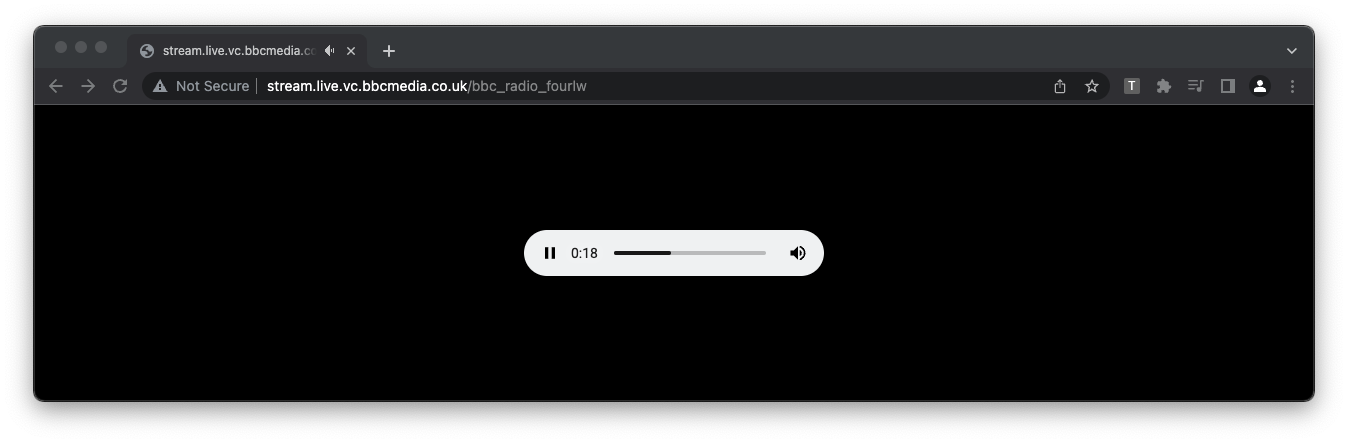 A browser showing a blank page, except one live native audio player