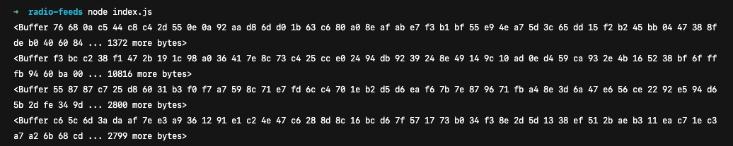 Terminal showing the code being run, and 4 buffers of data