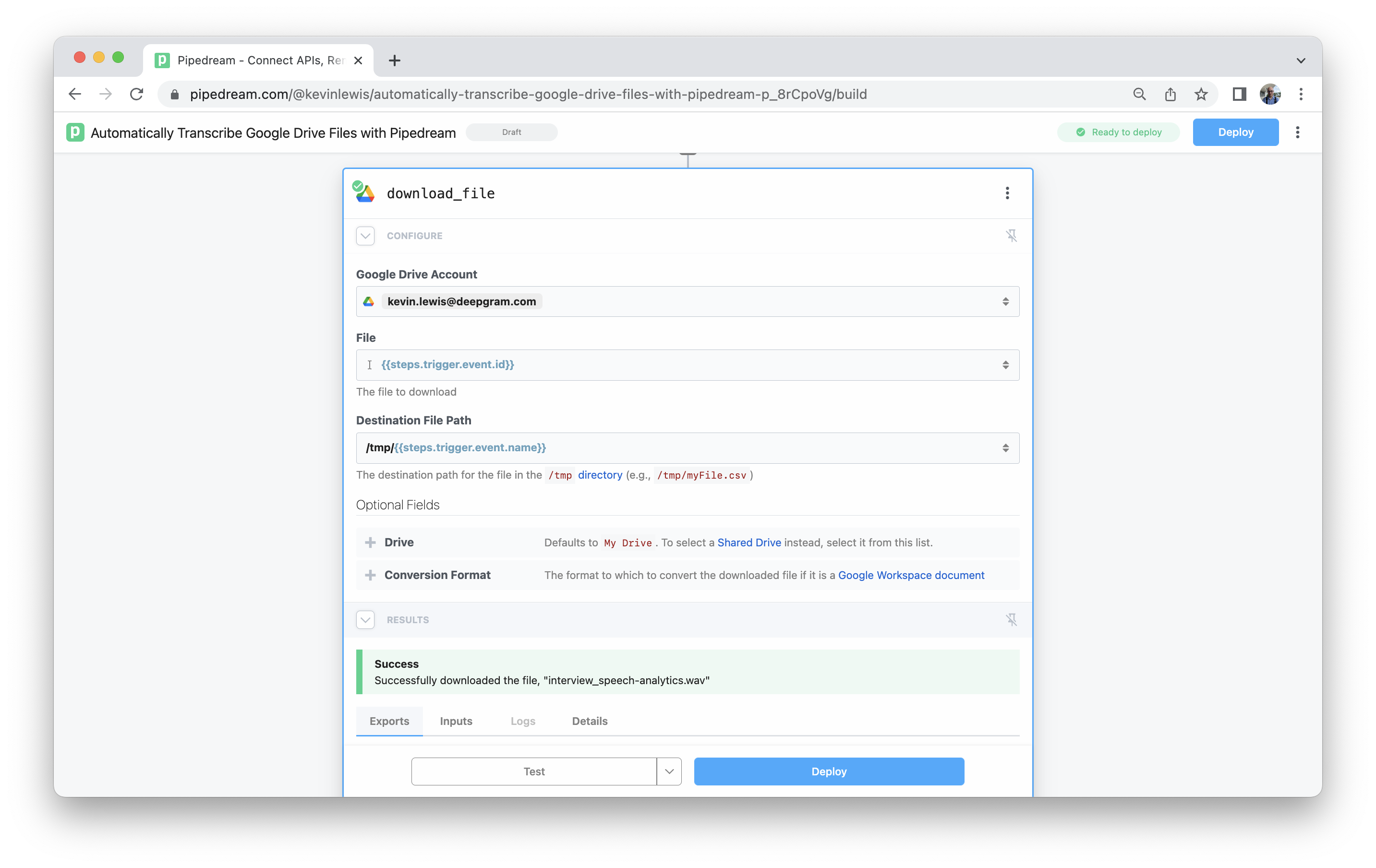 The Downlod File step showing a success message
