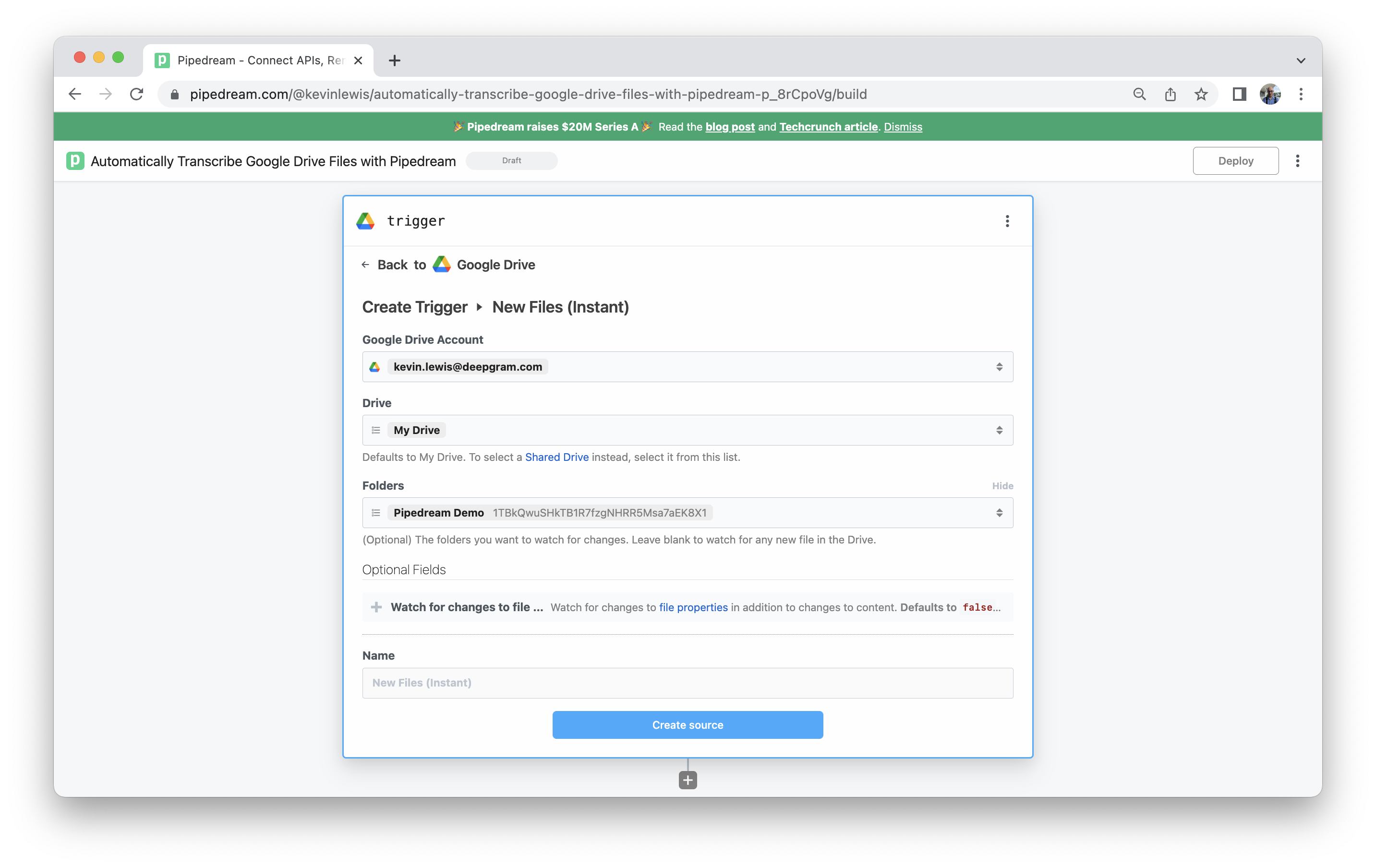 New Files Google Drive trigger with one folder specified called Pipedream Demo.