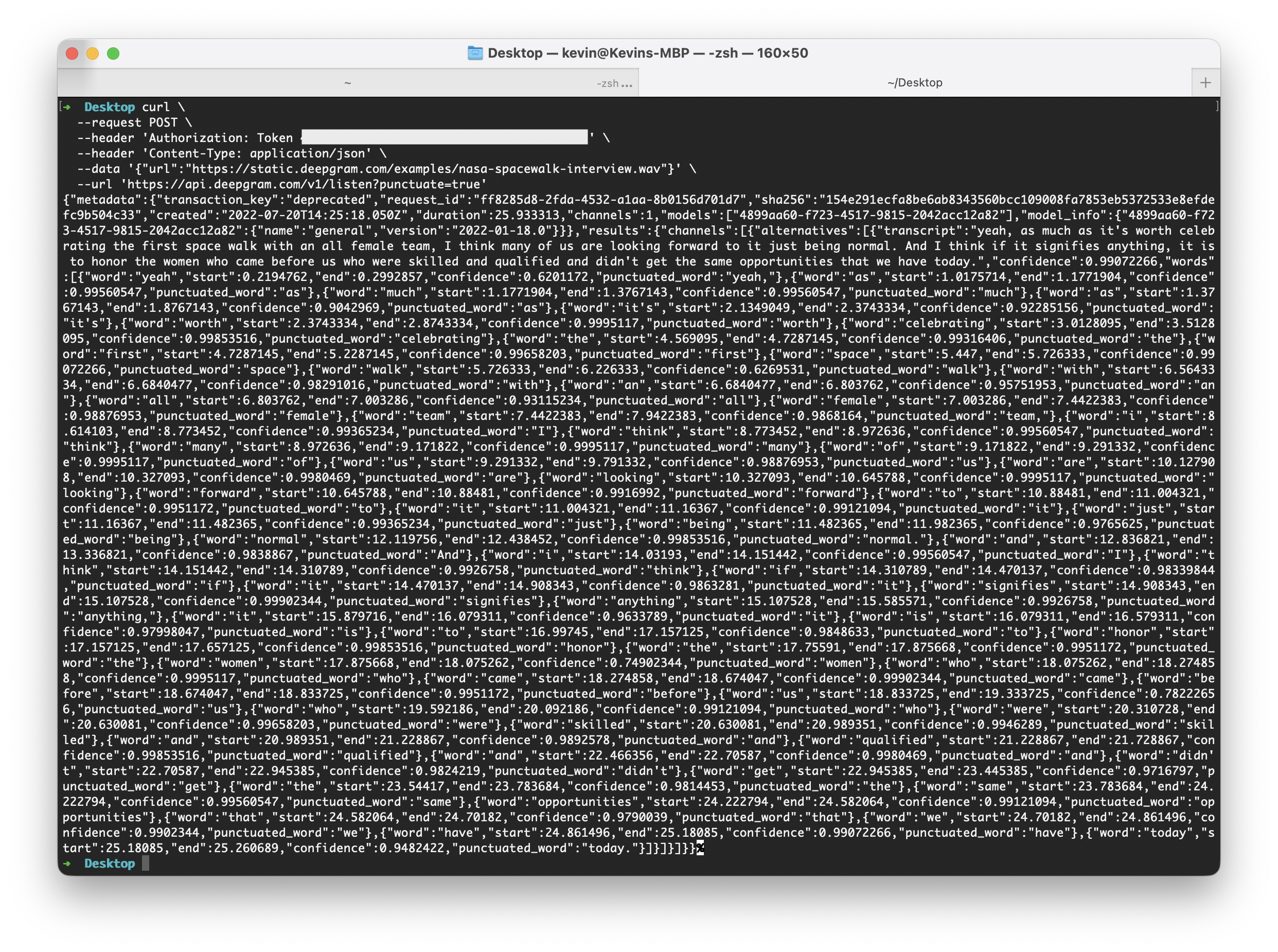 A terminal showing a huge block of JSON data returned from Deepgram