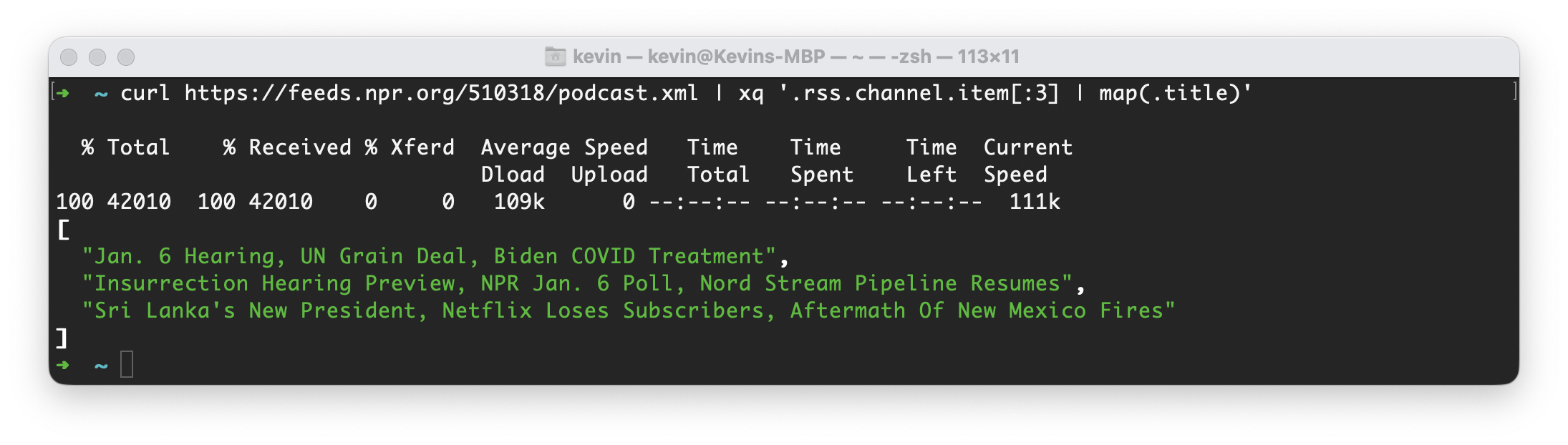 The terminal showing an array with three strings